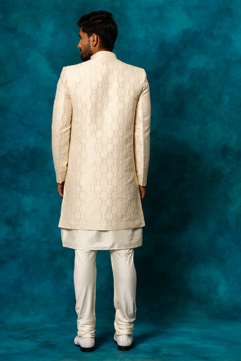 VASTRAMAY Men's Beige Imported Jacquard Indo With Kurta Pyjama Set